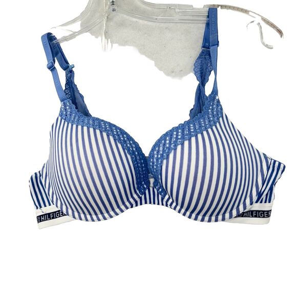 Tommy Hilfiger‎ Convertible Lace Trim Push Up Bra Women’s Size 34C Blue Striped - Picture 1 of 10